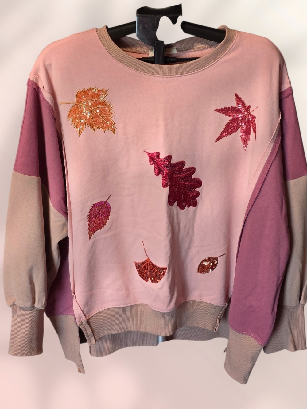 easel Pink & Mauve Leaf Appliqué Crewneck Sweatshirt
